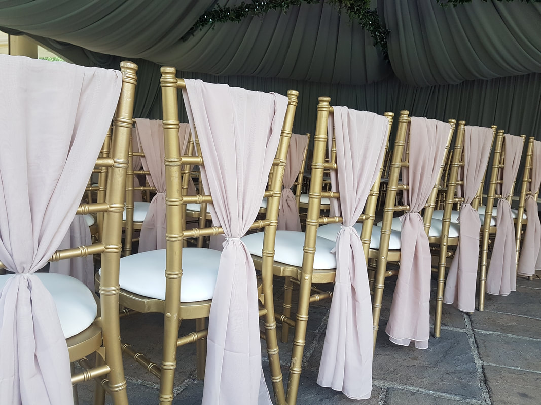 Champagne Chiavari Chair Cover Wedding Voile Vertical Drops Fabric Imperfection 