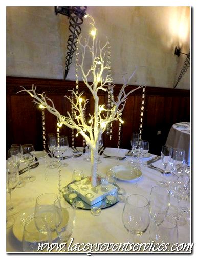 Winter wonderland event, crystal tree centrepiece hire, winter manzanita tree, light up tree hire, table centrepiece hire Essex London