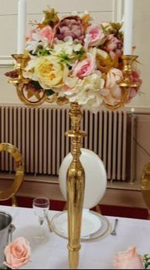 Gold Candelabra Hire, Wedding flowers florist Essex London Centrepiece Hire, table decorations, Event Decorators, Prop Hire